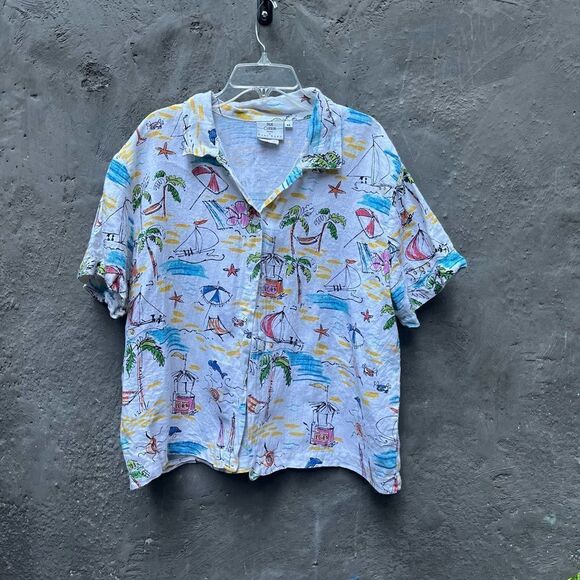 VINTAGE 1990s HOT COTTON PETITE MARC WARE RETRO BEACH SEASCAPE HAWAIIAN SHIRT MP - Picture 9 of 12